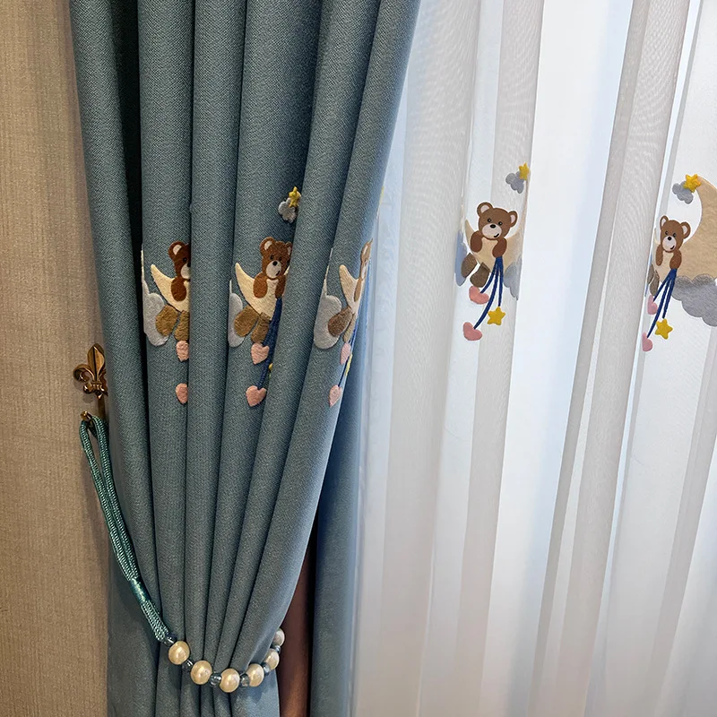 

Шторы с мультяшными рисунками для мальчиков, для спальни, с вышивкой окон, с изображением медведя, кролика, синие драпированные прозрачные ж...