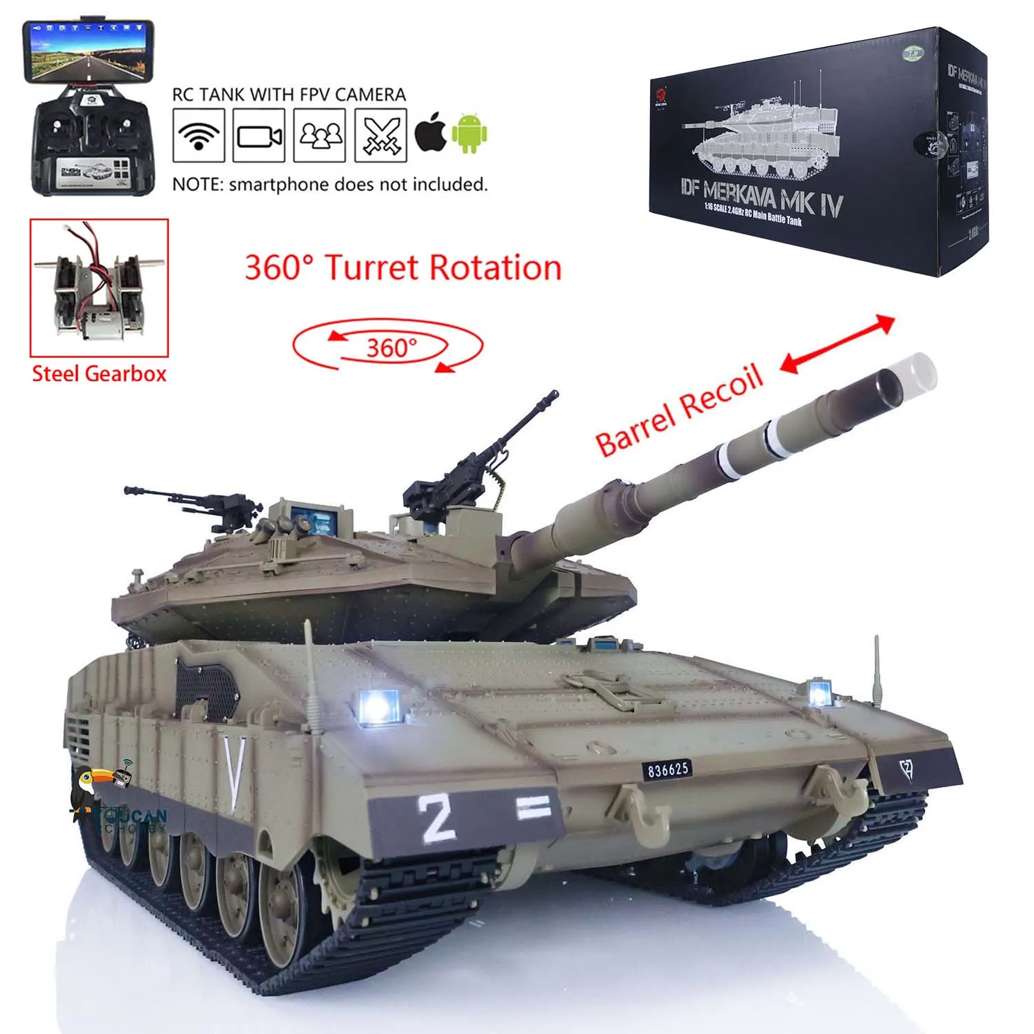 

HL 3958 1/16 RC Tanks TK7.0 Mainboard IDF Merkava MK IV Standard Edition FPV Camera Models Army BB Shooting Smoke TH22645-SMT9