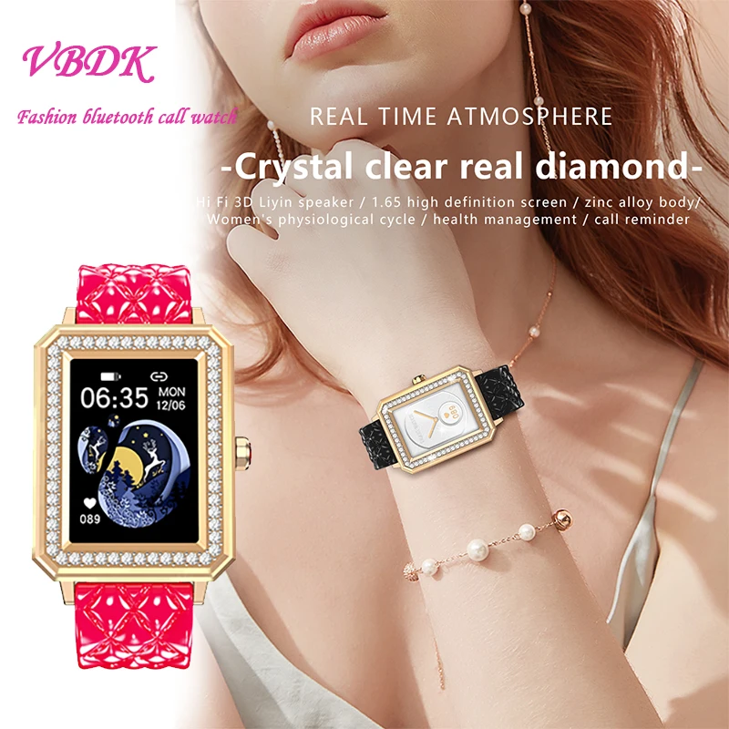 

2021 Latest VBDK Smart Watch Bluetooth WiFi Sports Bracelet Watches for Womens Watches Rhinestone Mosaic Luxury Leather Watch
