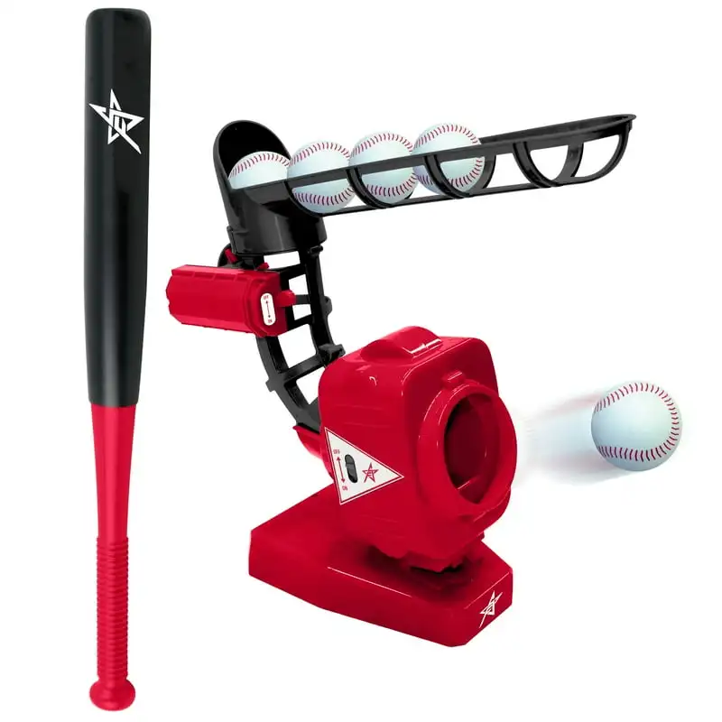 

Baseball Pitching Machine Combo Set - 1 Electronic Pitching Machine with 5- feeder, 1 24" telescoping bat, 5 foam baseballs