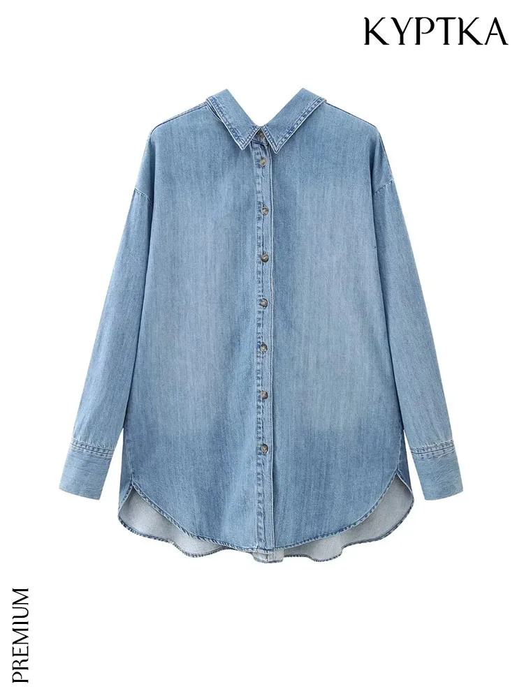 

KYPTKA Women Fashion Oversized Asymmetric Denim Shirts Vintage Long Sleeve Front Button Female Blouses Blusas Chic Tops