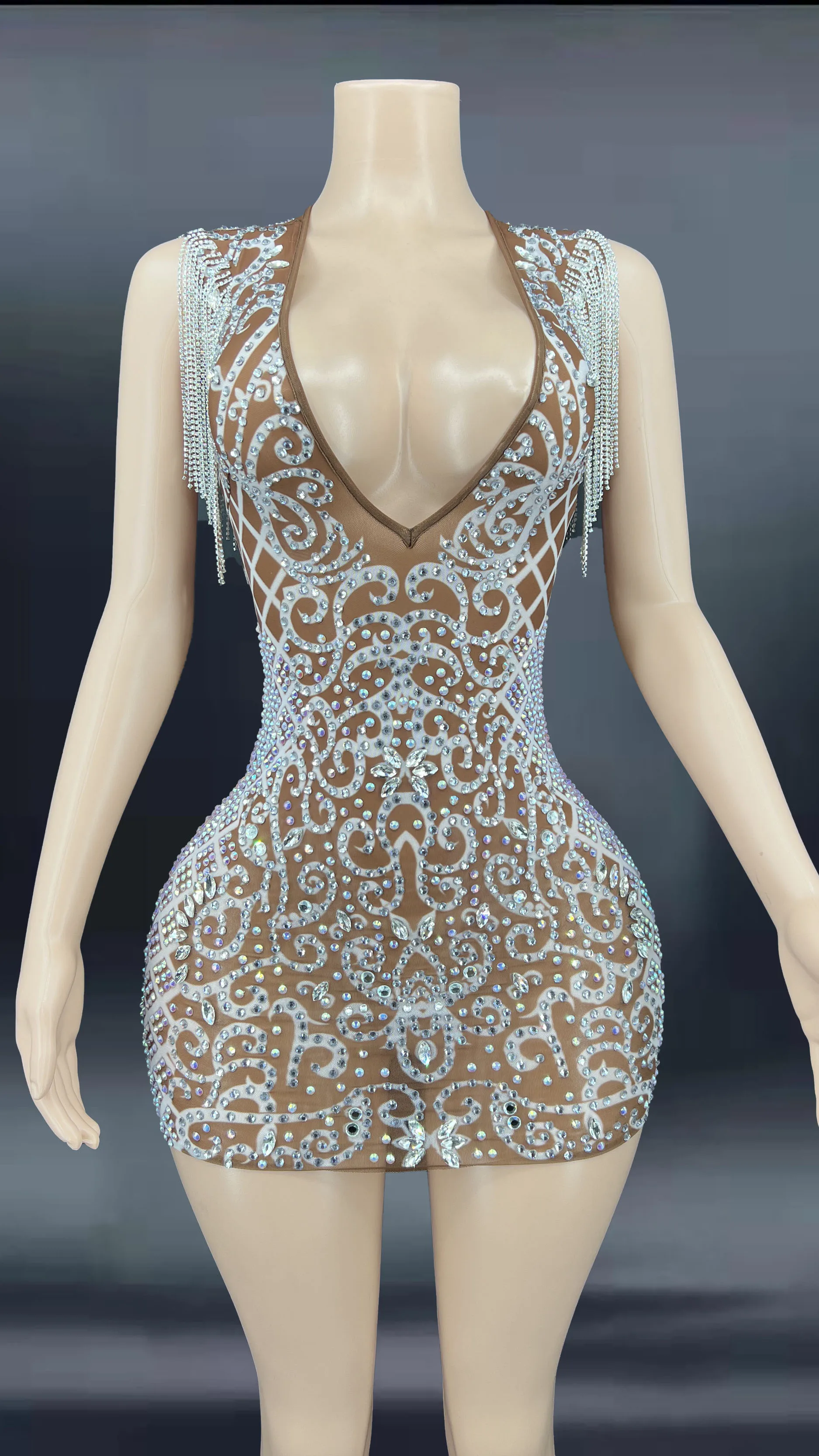 

Сетчатое Прозрачное платье с блестящими кристаллами Вечерние Платья Стразы для празднования дня рождения костюм с бахромой