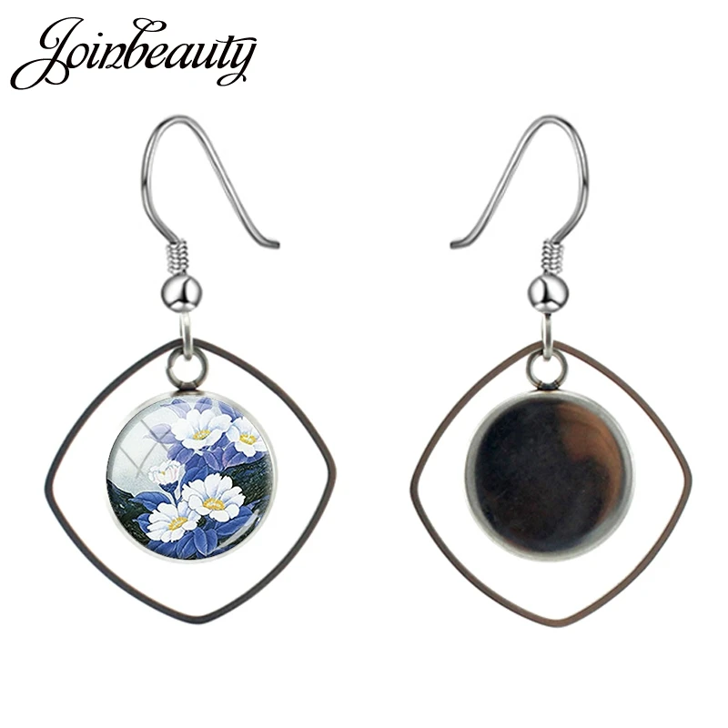 Новые поступления, модные висячие серьги с белым цветком, круглые стеклянные квадратные ажурные серьги для женщин, подвески для ушей C749