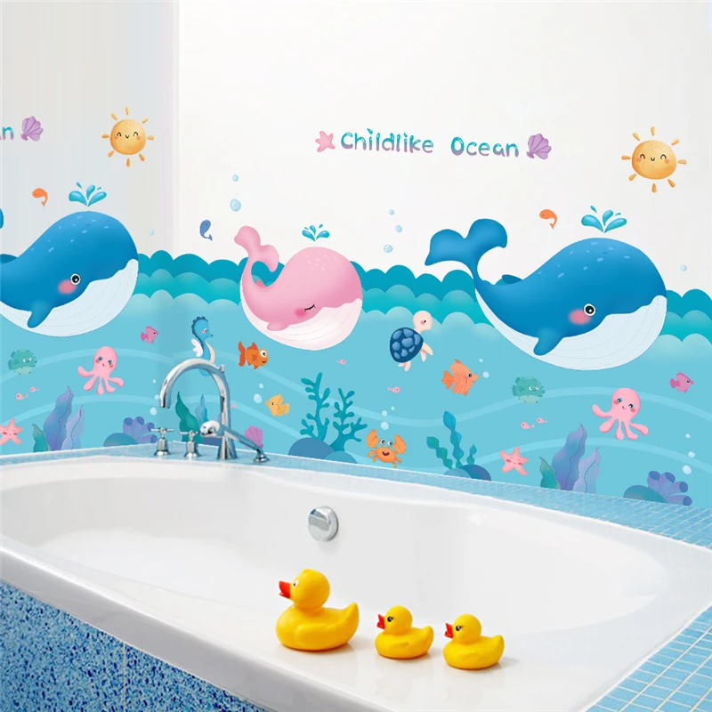 

Cartoon Whale Fishes Sealife Wall Stickers For Kids Room Bathroom Decoration Diy Ocean Scenery Mural Art Home Decals Pvc Poster
