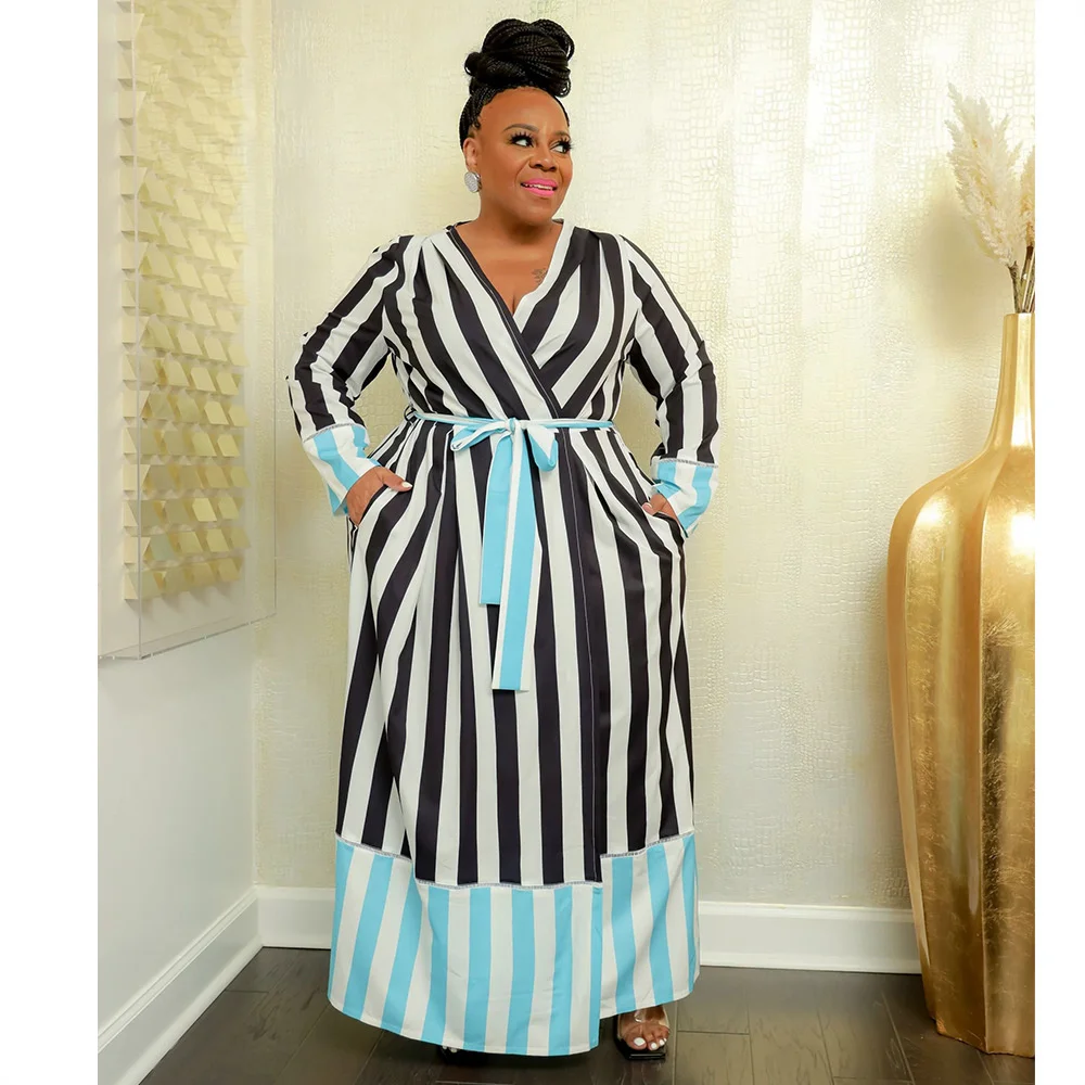 

New Large Women's Casual Stripe Print Contrast Stitching Lace Up Dress Plus Size Party Outfits For Women Sun Dresses