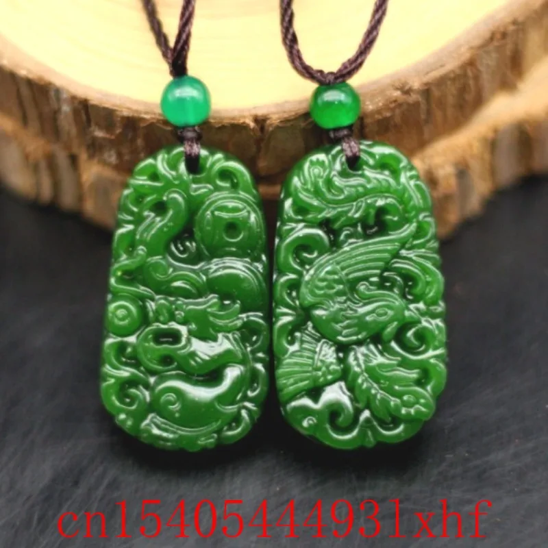 

A Pair Natural Hetian Green Jade Dragon Phoenix Pendant Necklace Fashion Jewelry Jasper Couple Charm Amulet Gifts for Women Men