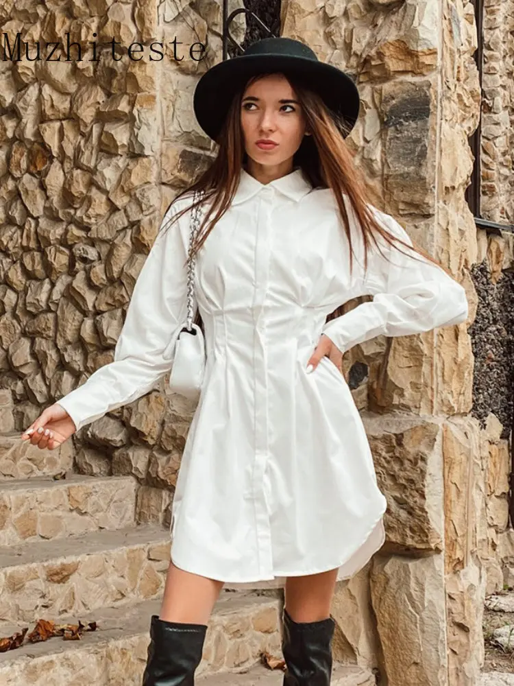 

Женское платье-рубашка с завышенной талией, однотонная трапециевидная юбка-рубашка в Корейском стиле, несколько цветов на весну