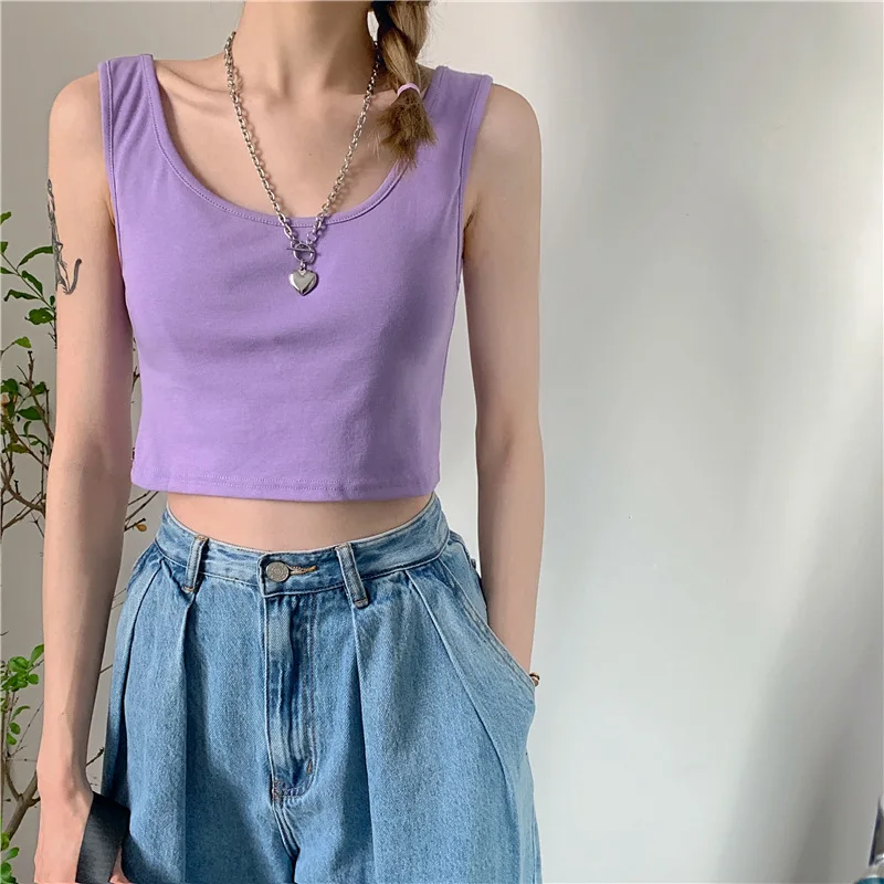 Купи Summer Women Korean Sweet Purple Slim Cropped Tank Tops Fashion Simple Casual Crop Tops 2021 Cute Basic Streetwear Y2k Clothing за 608 рублей в магазине AliExpress