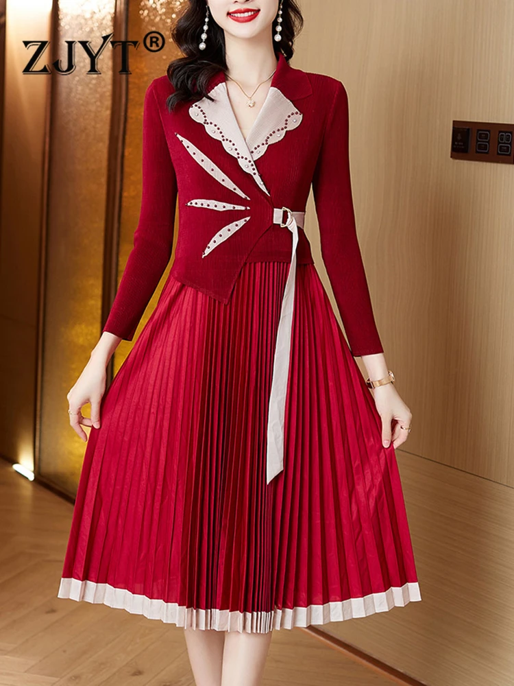 

ZJYT Autumn Beading Midi Pleated Dresses for Women 2023 Elegant Long Sleeve Vestidos Bandage Casual Party Robe Femme Green