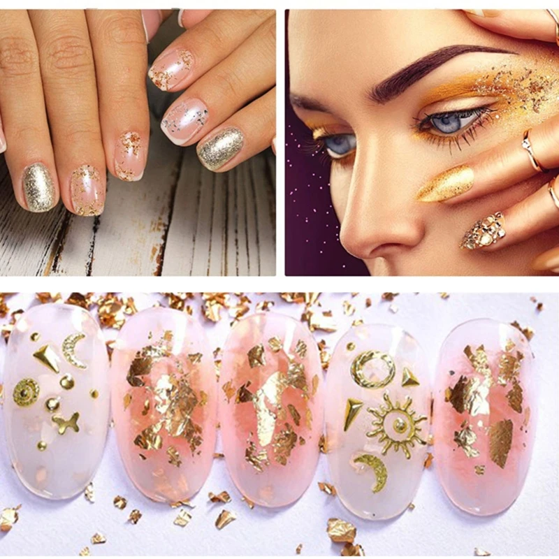 

124A Metallic Foil Flakes Set for Slime and Resin Jewelry Making Metal Leaf for Nails Painting Crafts with Imitation Gold