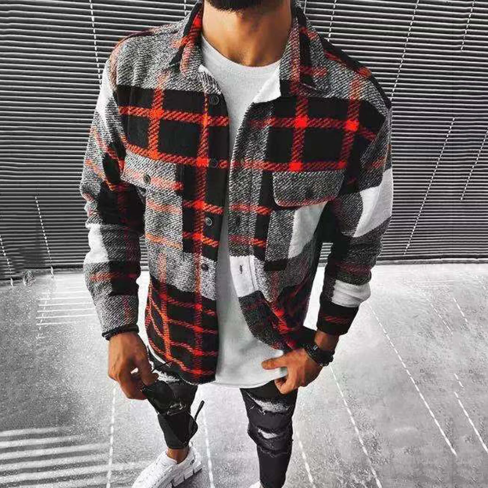 

Men Casual Winter and Autumn Print Lapel Button Down Long Sleeve Pocket Jacket Cardigan Loose Warm Coat