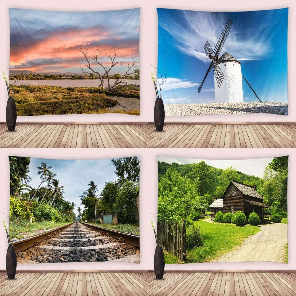 

Rural Country Large Tapestry Natural Scenery Wooden House Forest Tree Windmill Wall Hanging Tapestries Decor Yoga Mat Tablecloth
