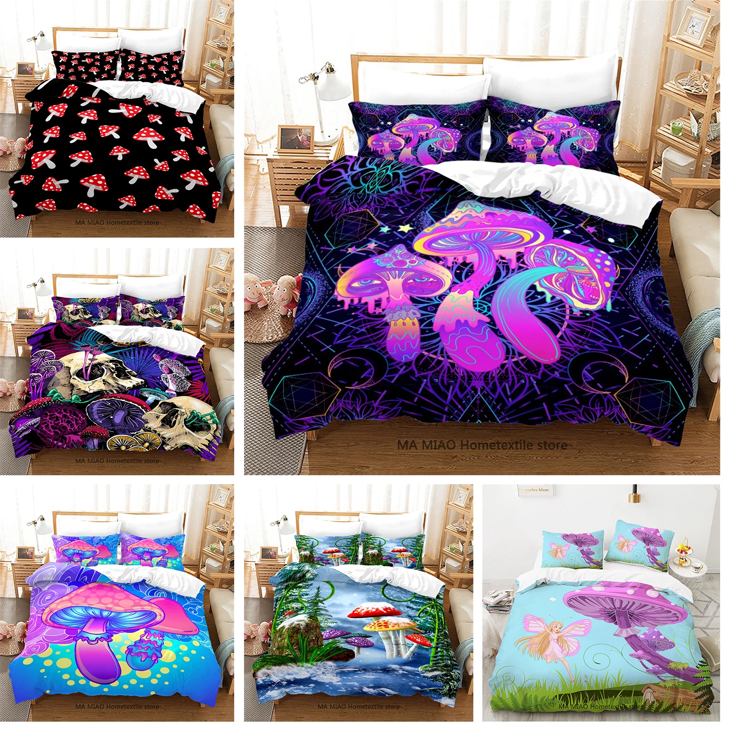 

Psychedelic Mushroom Bedding Set With Pillowcase Purple Bedclothes Fantastic Abstract Art Duvet Cover Comforter Cover