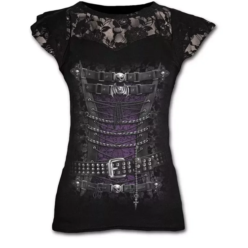

New Slim Goth S-5XL Graphic Lace T Shirts for Women Gothic Flower Skull Clothing Punk Tees Ladies Y2k Tops Summer Tshirt