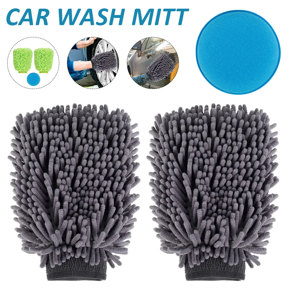 

2pcs Car Wash Mitt Microfibre Large Noodle Car Wash Gloves with Cleaning Sponge Detailing Brush Auto Care Double-faced Glove