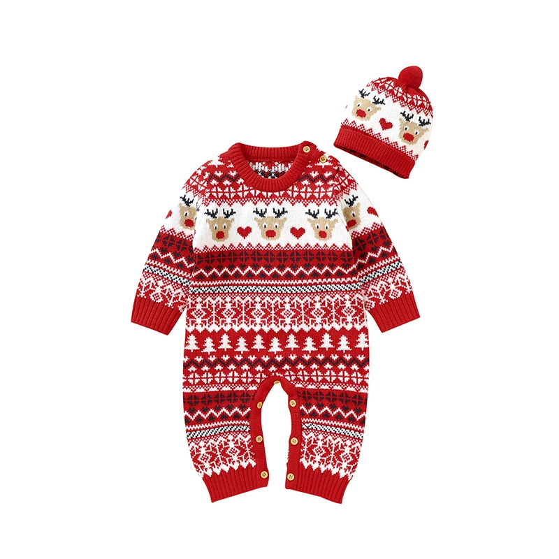 

Winter Red Reindeer Knitted Infant Boys Girls Rompers Hats Clothes Set 0-18m Newborn Christmas Jumpsuits Outfits Toddler Costume