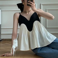 feiernan kawaii camis tank top cute pleated sleeveless blouse for women patchwork korean style 2022 fashion elegant tops chic