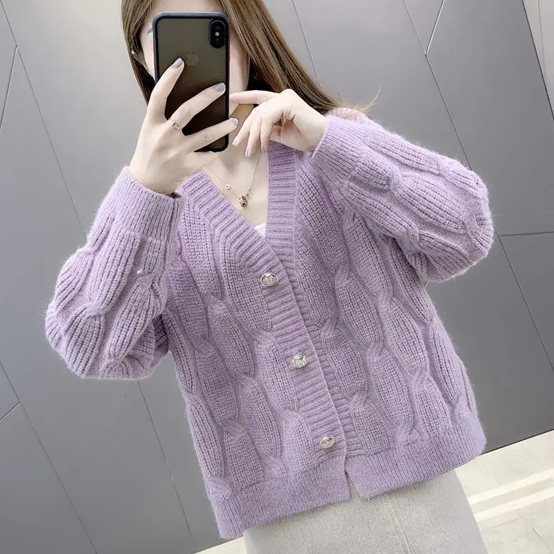 

Purple Hemp flowers Casual V-neck Button Simple Knitted Women Sweater Cardigan Coat Autumn Top Girl Cloth Clothing Loose coat