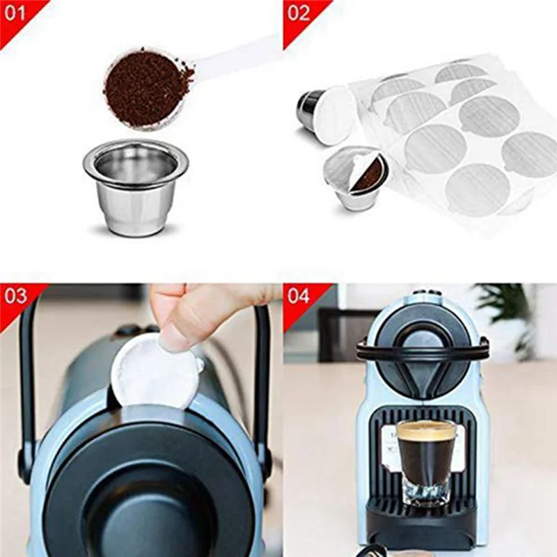 

10 Pods 100 Seals Stainless Steel for Nespresso Refillable Capsulas Nespresso Coffee Capsule Pods Reusable(B)