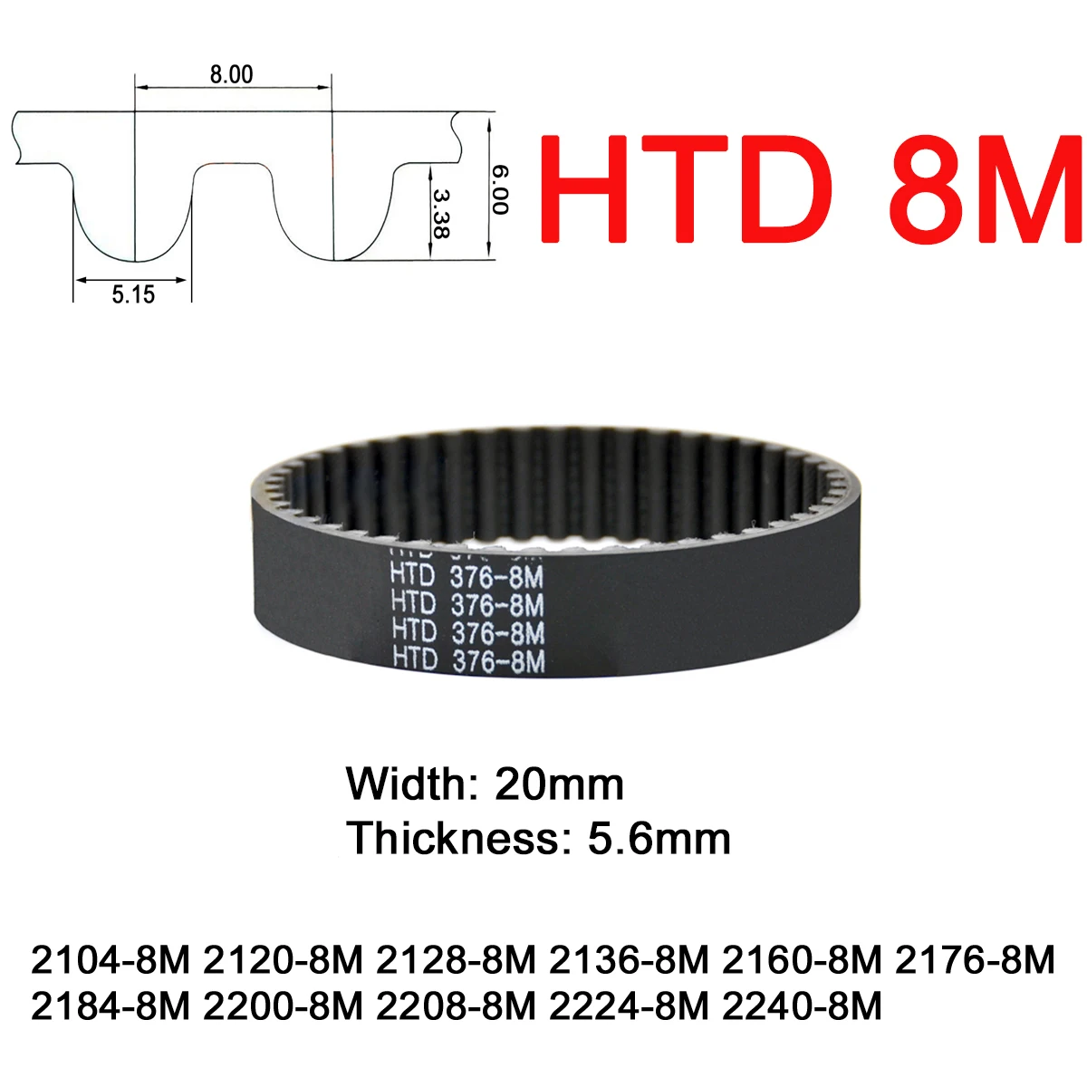 

1Pc Width 20mm 8M Rubber Arc Tooth Timing Belt Pitch Length 2104 2120 2128 2136 2160 2176 2184 2200 2208 2224 2240mm Drive Belts