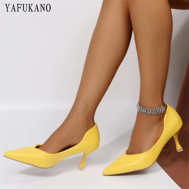 

Minimalist Point Toe Stiletto High Heels Shallow Mouth Single Shoes Party Dress Shoes Elegant Yellow Ladies Pumps Size 41 42