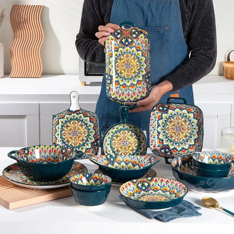 

1pcs Ceramic Vintage Tableware Rice Salad Round Dish Dinner Plate Bowl Dinnerware Set microwave safe W4829
