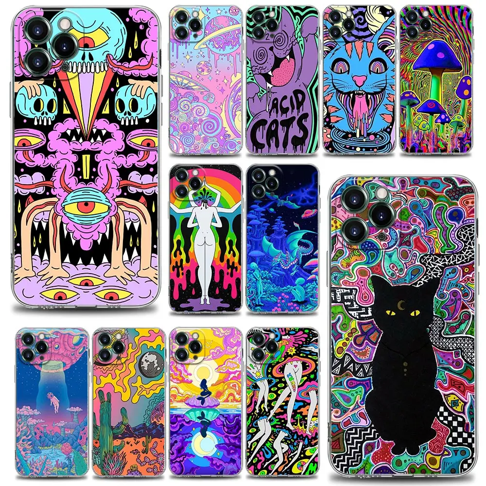 

Colourful Psychedelic Trippy Art Phone Case For iPhone 11 12 13 Pro Max XR XS X 8 7 SE 2020 Plus Cute Clear Soft TPU Cover Shell