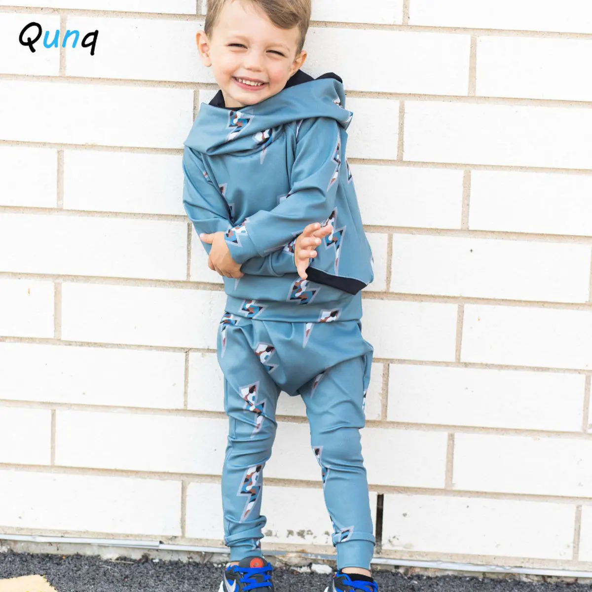 

Qunq Spring Autumn New Boys Long Sleeve Printing Stitching Hooded Pullover Top+Pants 2 Pieces Set Casual Kids Clothes Age 3T-8T