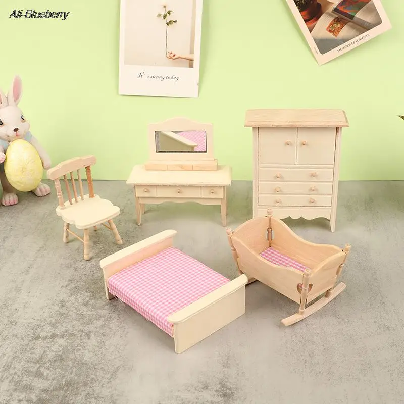 

Wooden Miniature Dollhouse Furniture Accessories Kit Pretend Play INS Style Living Room Bedroom Imitation Game