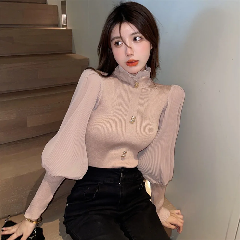 

Patched Full Chiffon Lantern Sleeve Knitted Sweaters Jumpers Crop Tops Girls Turtleneck Solid Buttons Sweater Pullovers Women