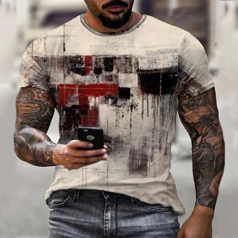 

T Shirts For Men Clothing 3D Vintage Abstract Mosaic Print T-Shirts Summer Short Sleeves Hip Hop O-Neck Oversized T Shirts