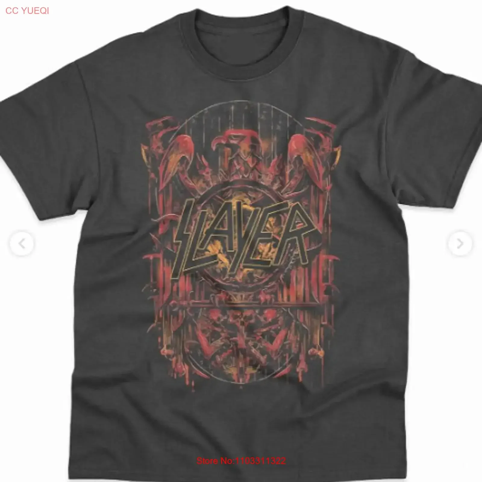Фото Футболка с винтажным логотипом Slayer, размеры S-5XL, винтажная, с эффектом потертости, универсальная, в стиле стритвир, с небольшим графическим принтом, дышащая, унисекс, стильная, мягкая. №1