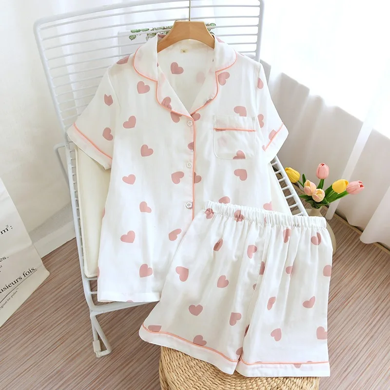 

1 2023 Women's Pajamas New Summer Gauze Cotton Sleepwear Set Love Cartoon Pyjama Woman Home Nightwear Set Loungewear Short Sets