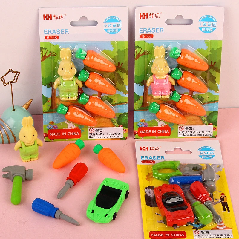 

1Set Cartoon Car Rabbit Styling Assembly Eraser for Kid School Student Supplies Home Decor