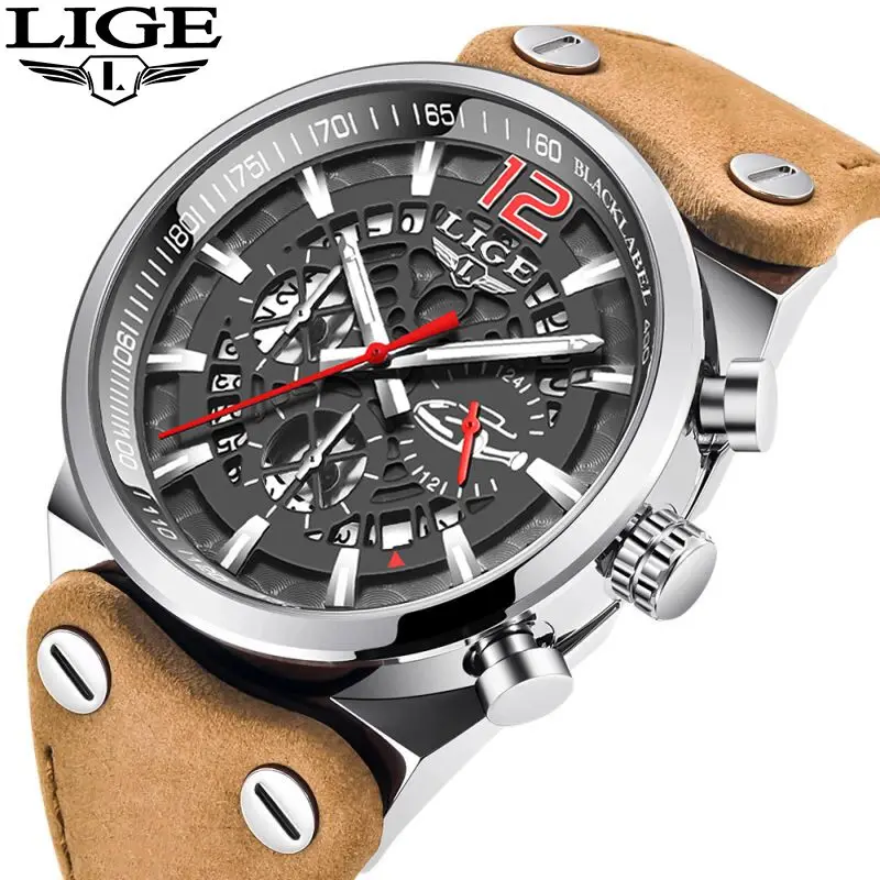 

Men Watches Male Waterproof Military LIGE Watch Men Top Brand Luxury Chronograph Leather Sport Quartz WristWatch Relojes Hombre