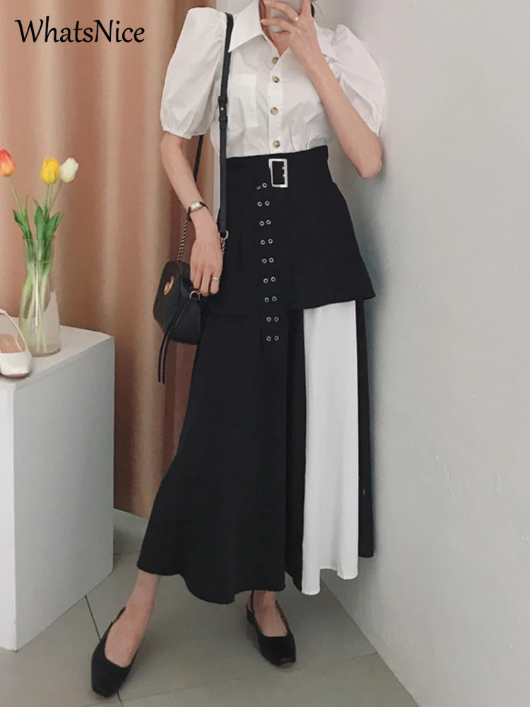 

Superior Design Office Lady Casual Shirt and Skirt 2 Pieces Set New Fashion Cute Contrast Panels Suit Female Cheap Wholesale