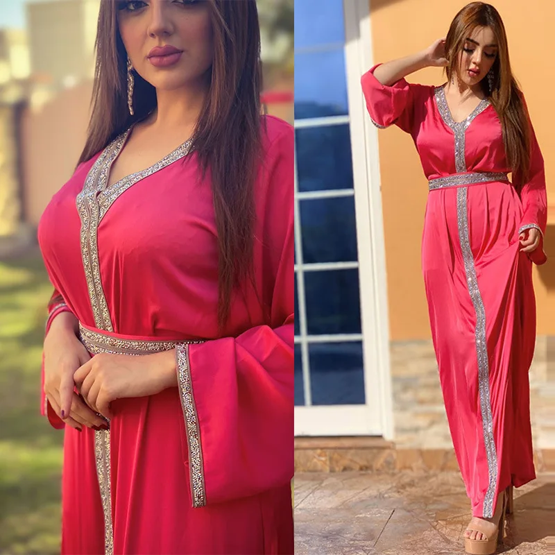 

Gorgeous Party Style Dubai Fahion Abayas Women's Dress Solid Color Temperament Hot Diamond Muslim Dress Arab Robe Femme