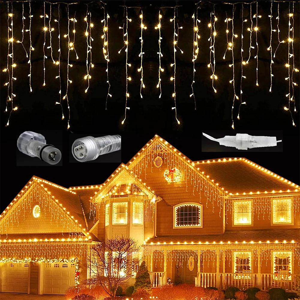 40M  Christmas Garland LED Icicle Curtain String Lights Droop  Fairy Lights Garden Street Outdoor Decorative 220V