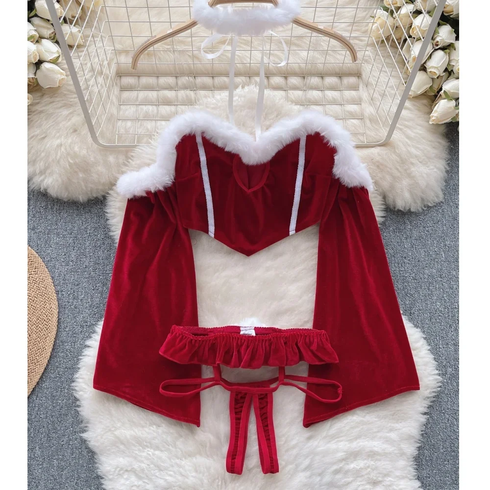 Winter Patchwork Christmas Hotsweet Women's Short Dress Sexy Bodycone Plush Red Cross Strap Halter Neck Erotic Mini