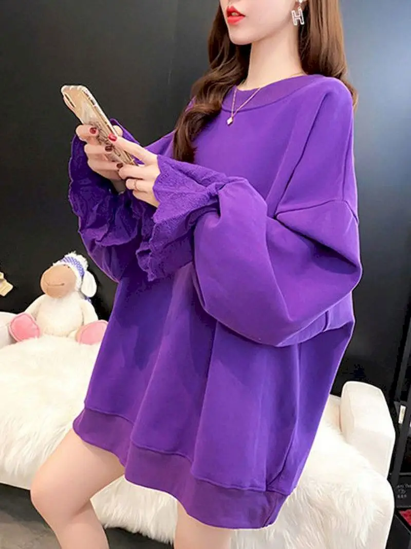 

Solid Color Oversized Sweatshirt Women's Trendy Spring Autumn Korean Version Loose Flared Sleeves Lace Stitching Top Thin Coat