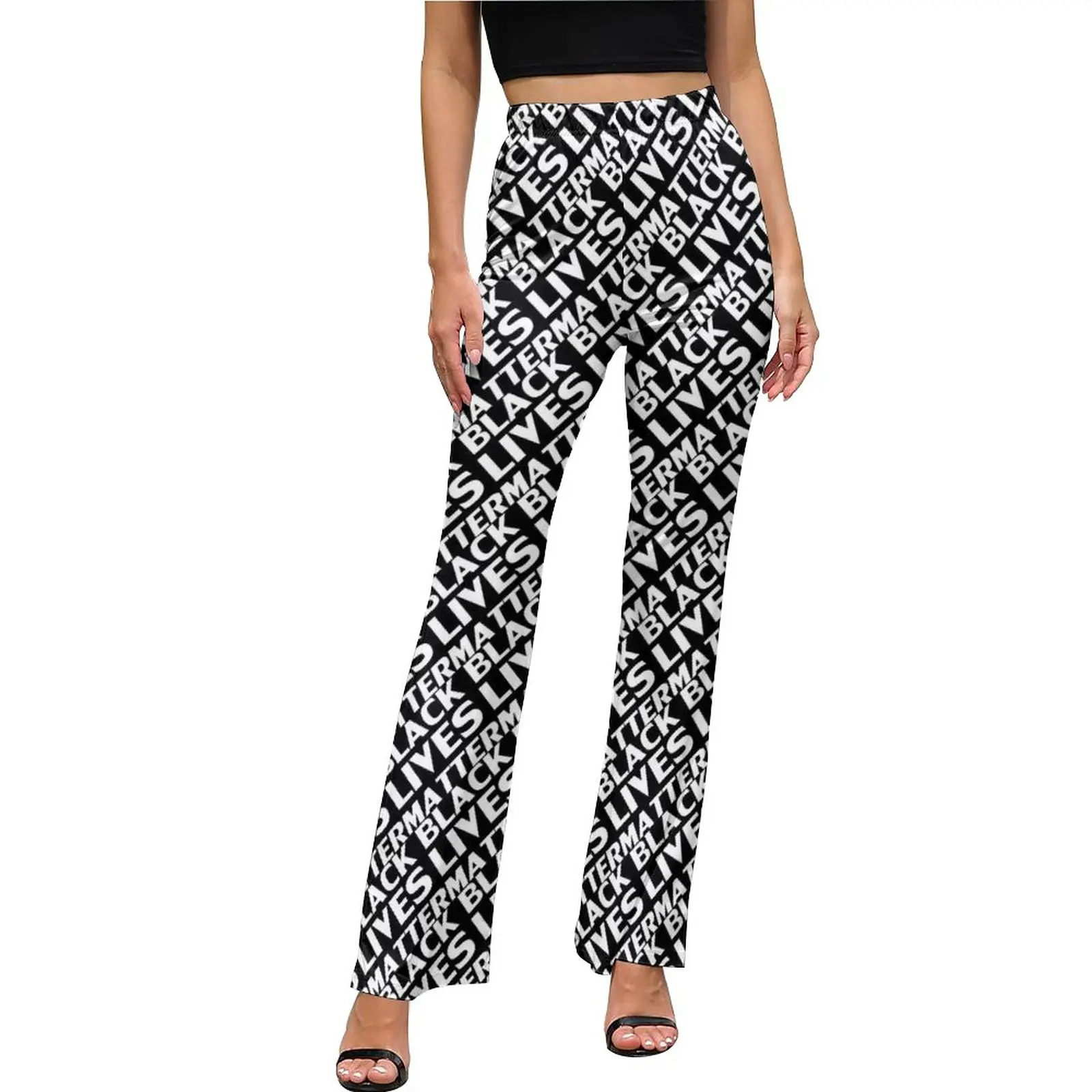 

White Letter Print Casual Pants Black Lives Matter Trendy Graphic Flare Trousers Elastic Waist Slim Stretch Harajuku Pants