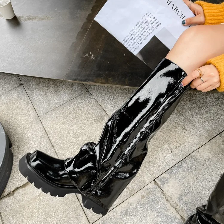 Women's Boots,fried Street Patent Leather, Spring and Autumn Thick Soled Boots, Street Style Boots, Genuine Leather Knight Boots