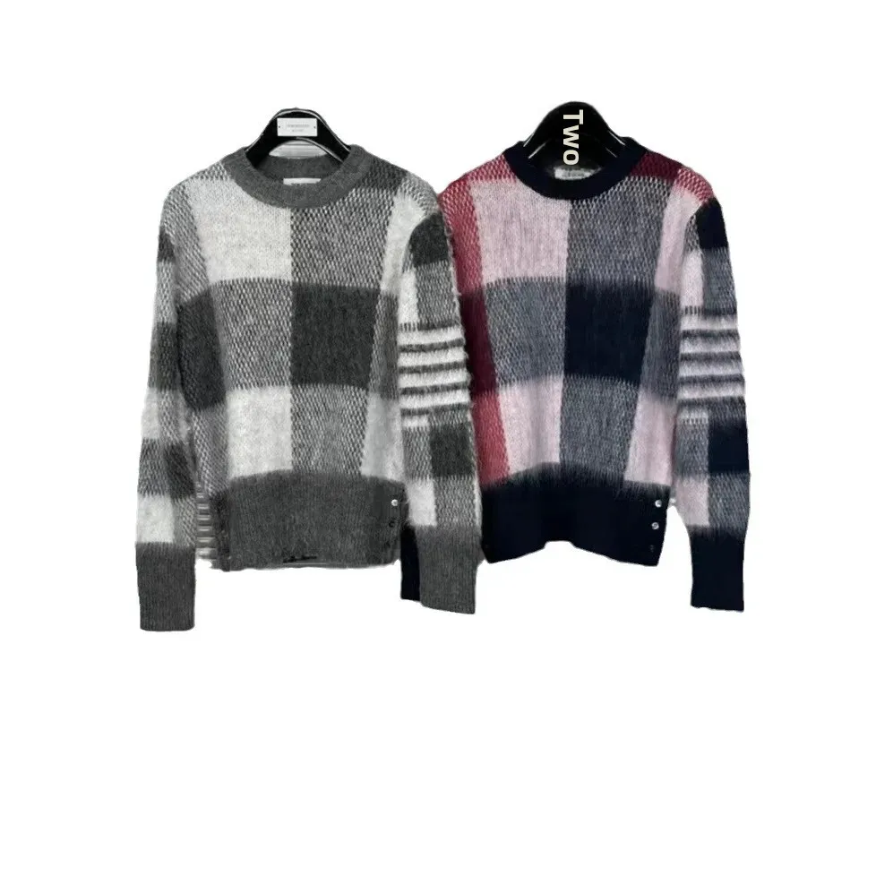 Tbangoras свитер с круглым вырезом в клетку полоску серый красный белый синий вязаный