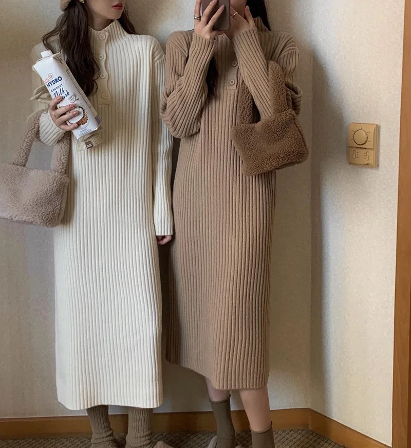 

Half High Collar Button Pit Stripe Knitted Dress For Women Auutmn Winter Casual Slim Solid Long Sleeve Bottoming Fall Vestido