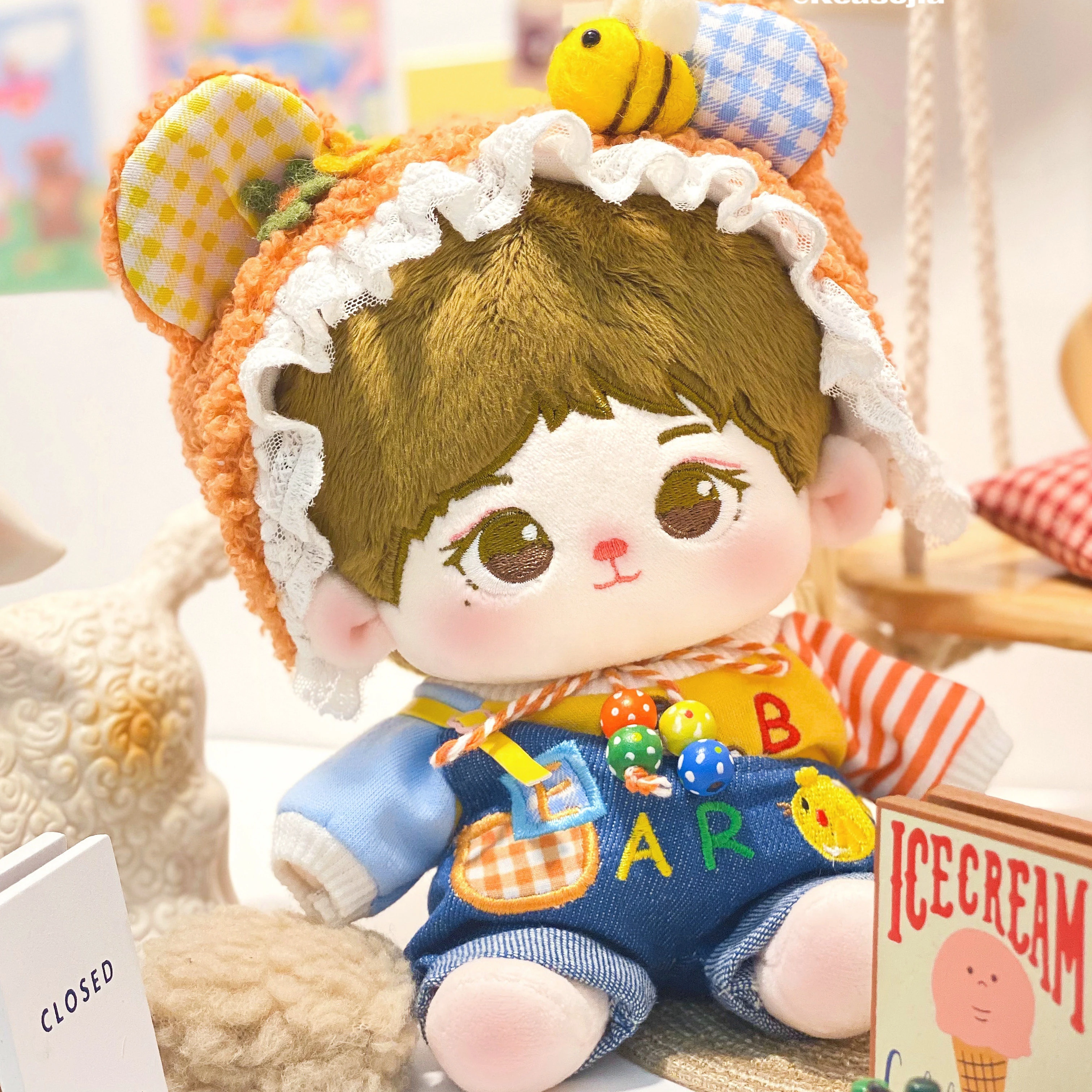 Handmade 3pc/set 15/20cm Idol Doll Clothes Suit Bee Bear Plush Hairband T-shirt Overalls Clothing Doll Dress Up