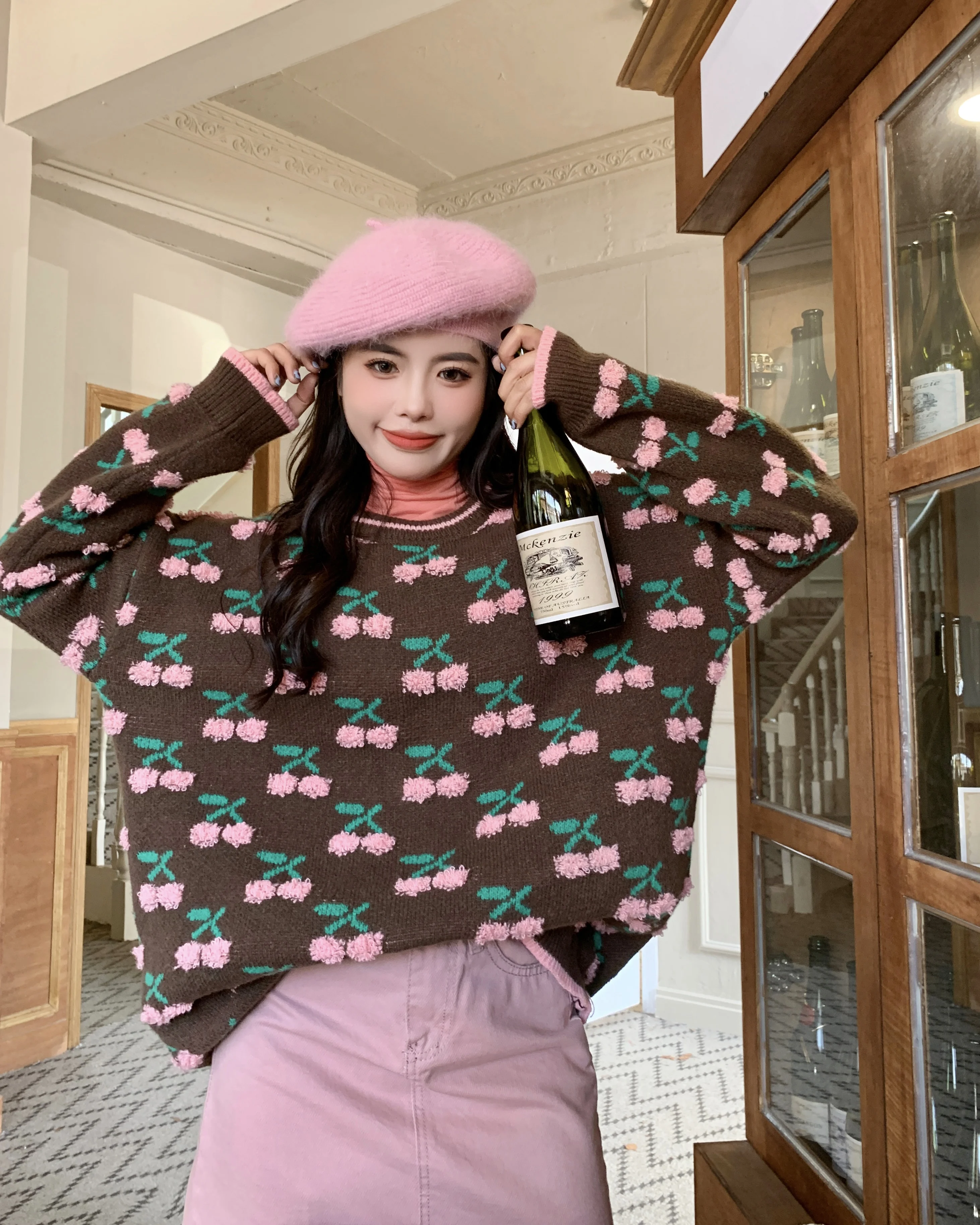 

2022 New Autumn and Winter Loose Slouchy Sweater Coat Cherry Design Wear Pullover Knit Free Shipping