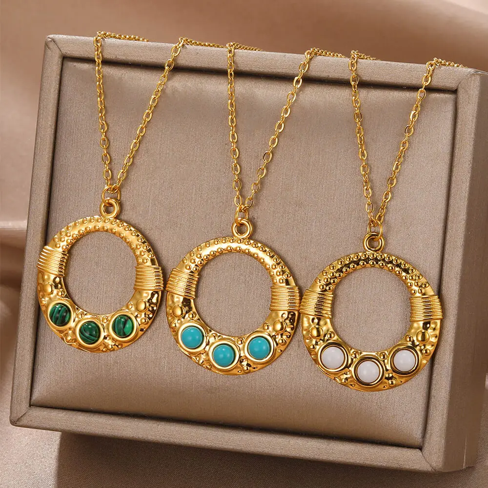 

High Quality Hollow Out Roundness Turquoise Stainless Steel Necklace Gold Color Women's Necklace Fashion Jewelry Free Delivery