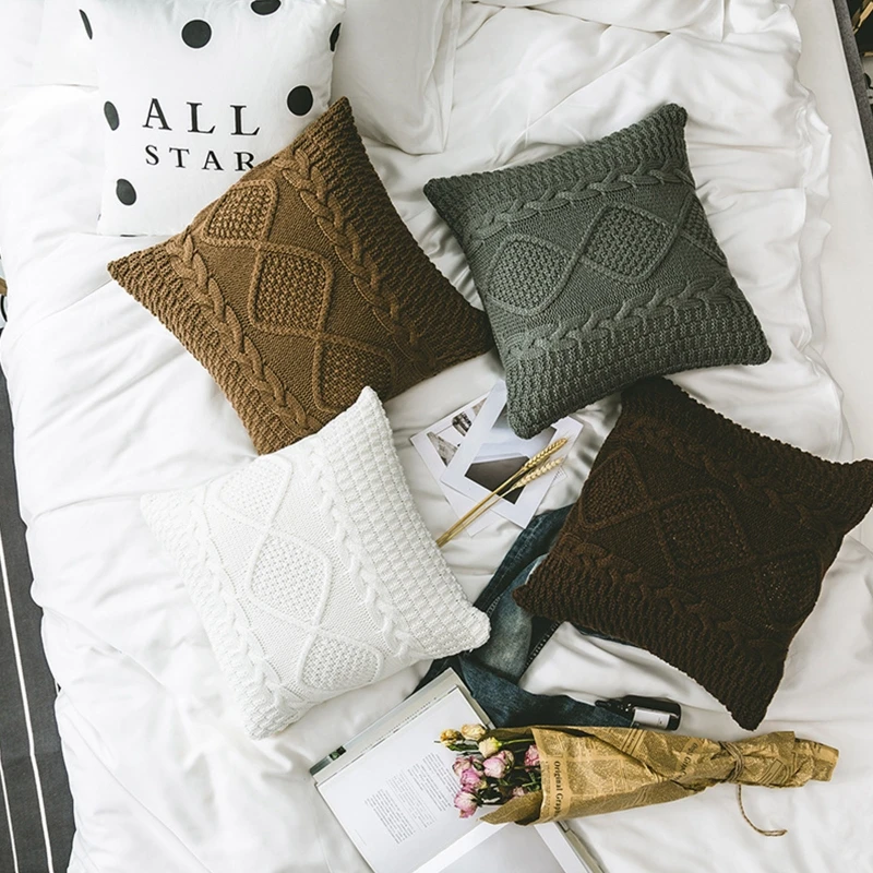 

Nordic Style Knitted Sweater Throw Pillow Case Solid Color Double Twist Cable Knitting Geometric Diamond Plaid Square Cover 40JA