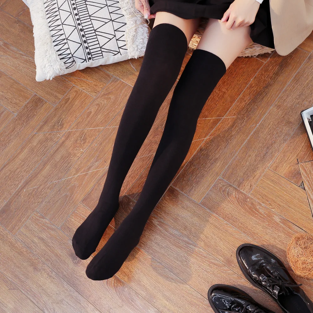 Silicone non-slip knee socks female spring and autumn cotton Japanese high stockings pure black non-slip stockings