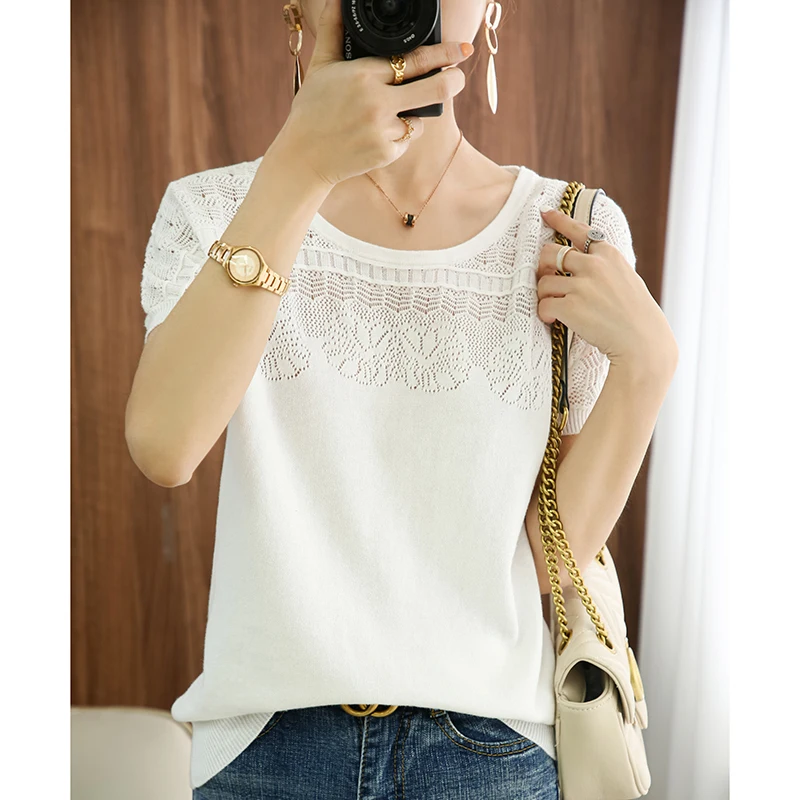 

T-shirt women's summer new round neck sweater casual top women's T-shirt loose solid color pullover large size cotton short slee